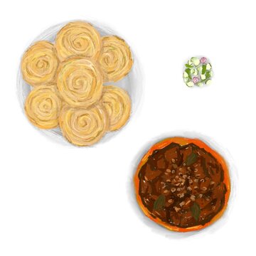 Food Illustration of Martabak Maryam or Canai with Curry