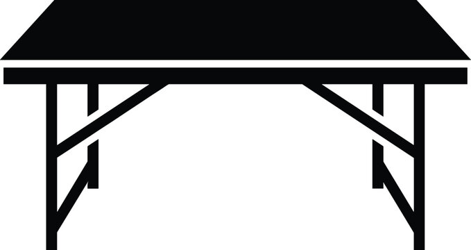 Black folding table icon isolated on white background sturdy portable metal workstation furniture silhouette for outdoor events catering office workspace and industrial equipment design (25 words)
