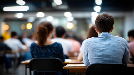 Fototapeta premium Faceless students in exam setting multiple test takers at desks examination in progress academic assessment environment standardized testing rows of individual desks