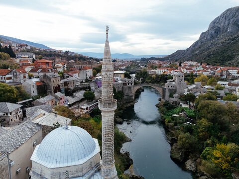 Drone view of the historical old Mostar Bridge. Bosnia and Herzegovina, Europe.