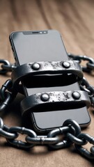 Smartphone imprisoned by rusty chains and shackles. Symbolic representation of digital addiction, privacy invasion, and technology restriction on wooden background