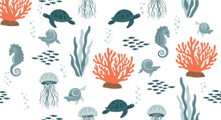 Underwater marine animals and coral reef elements ocean life vector illustration set © EdGe Creative