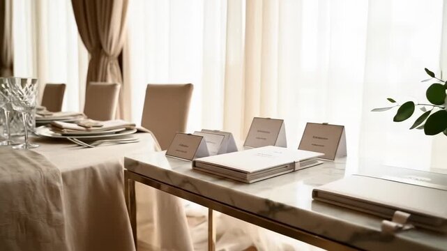 Elegant dining table setup featuring crystal glassware, floral centerpiece, and place cards arranged on a tablecloth in a well-lit indoor setting with soft drapery