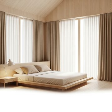 A serene bedroom with a large bed and curtains