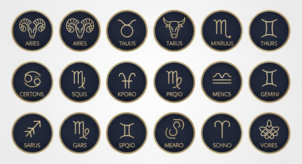Zodiac signs collection on dark background with golden outlines and details.