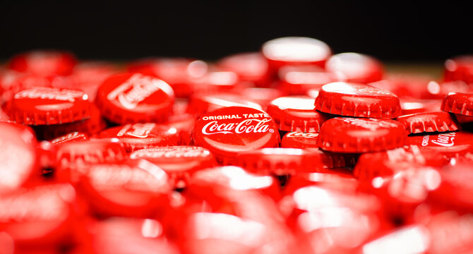 Studioshot of red Coca Cola Coke lemonade bottle caps