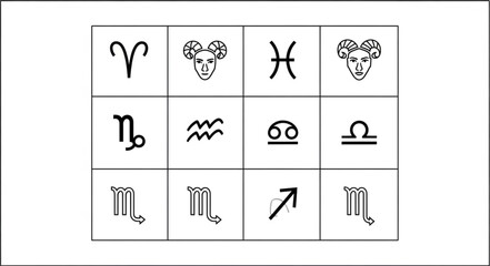 Astrological Zodiac Signs Arranged in a Grid Formation Representing Celestial Concepts. © Rian