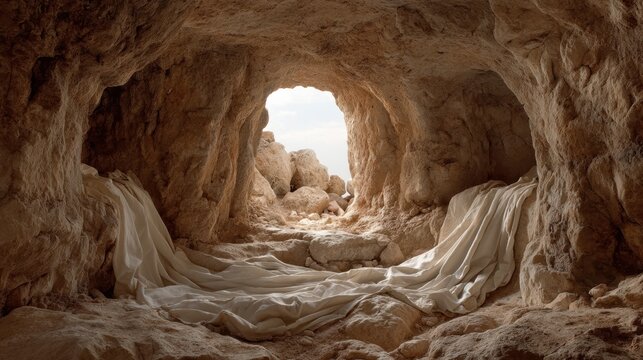 Rock chamber with white cloth collapsed in center, light glowing at entrance