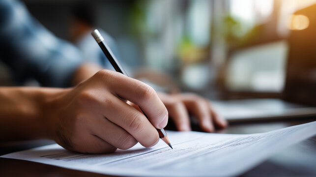 Faceless student hand testing and doing exam with pencil drawing selected choices on answer sheet in school final exams at college or university taking multiple choice for assess