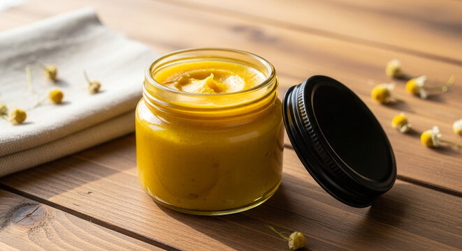 Traditional balm on wooden table with chamomile flowers, natural remedy and herbal skincare concept