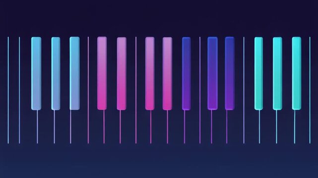 A piano-inspired visual with vibrant, gradient-colored keys against a deep blue background