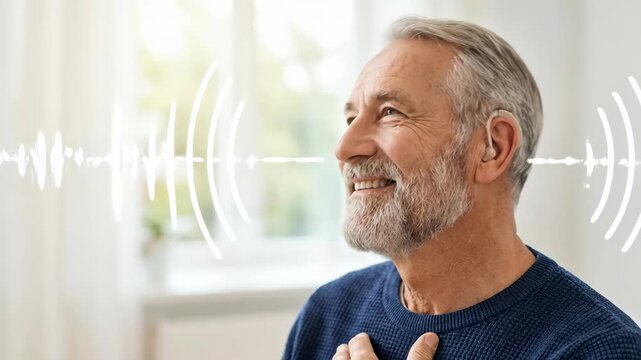 Elderly man with a hearing aid and sound waves, concept for improved hearing and audiology