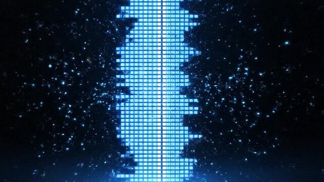 Dynamic blue digital equalizer display with abstract particles spreading