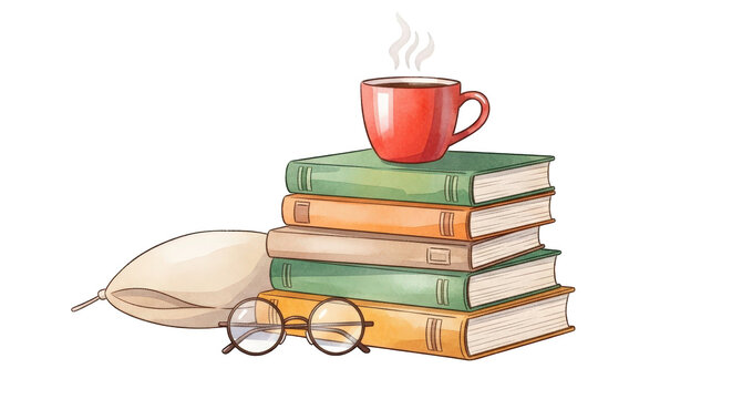 A stack of books with a cup of coffee on top