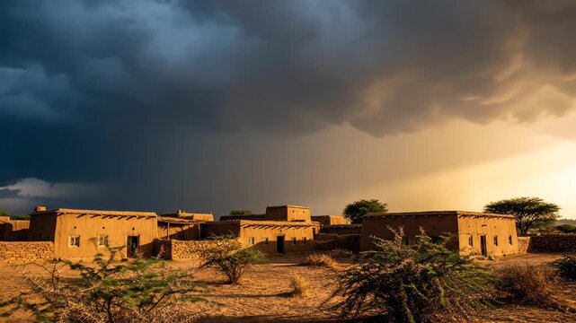 Ancient Mud Brick Village Under Dramatic Stormy Sky With Golden Sunset Light Illuminating Traditional Desert Landscape And Arid Vegetation