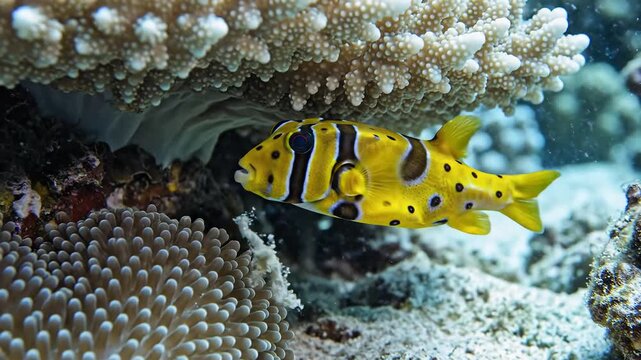 Vibrant yellow boxfish with black spots swims gracefully amidst colorful coral reef formations underwater showcasing marine life and ocean ecosystem.
