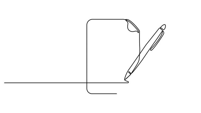 notebook with pen continuous one line drawing animation, Animated continuous one line drawing of notebook with a pen on it. Self drawing animation of single line, animation of continuous drawing