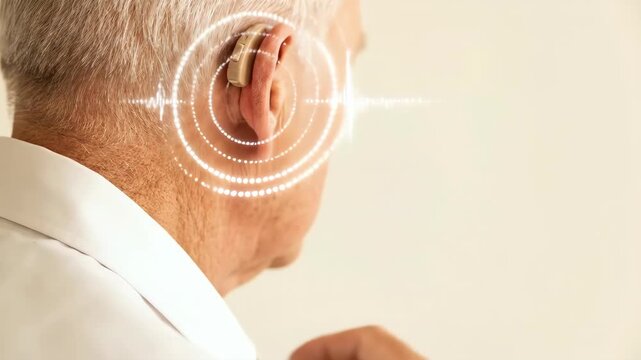 Senior woman with a hearing aid and sound wave visualization. Rehabilitation technology for ear health and audiology concept.