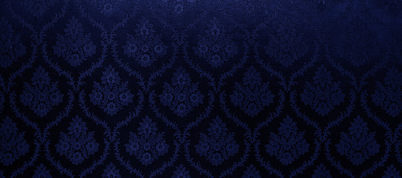 Luxury Navy Blue Damask Pattern Texture with Elegant Floral Ornament