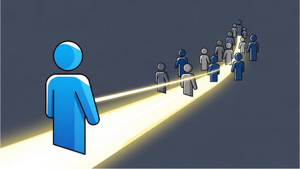 A lone figure stands out in the spotlight as a crowd follows closely behind in a dimly lit environment from a rear viewpoint © Stock Image Paradise