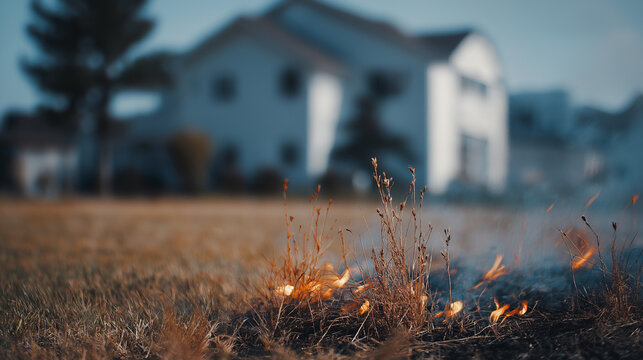 Wildfire spreading through dry grass near a suburban house, showing the immediate danger of uncontrolled flames and smoke reaching residential properties, copy space