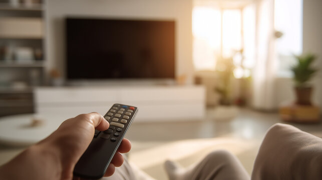 Hand holding remote control while sitting on sofa, changing channels and relaxing in a bright modern living room, enjoying home entertainment and leisure time, copy space