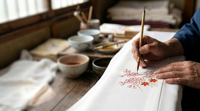Yuzen dyeing master craftsman precise non-bleeding sakura momiji pattern on white silk kimono with clean copy space - High resolution stock photo