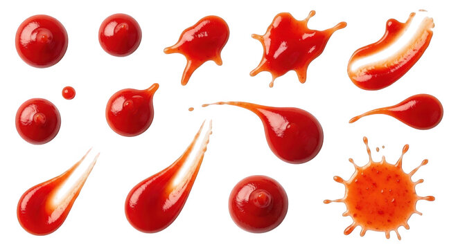 A collection of red blood drops and splatters on a white background