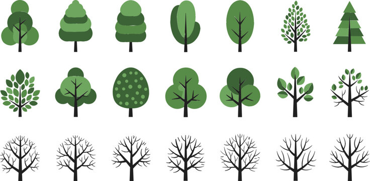 Stylized tree icon vector set showing seasonal growth stages with green leafy and bare trees for landscape design, maps, games, and ecology projects