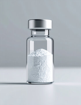 Clear glass vial with white titanium dioxide powder, laboratory sample for cosmetics and pharmaceutical