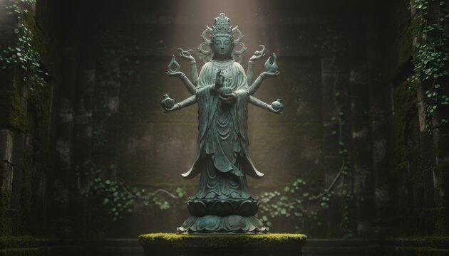 Ancient bronze multi-armed benevolent deity statue radiating serenity and spiritual wisdom