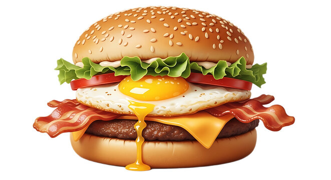 A mouthwatering burger with bacon and egg