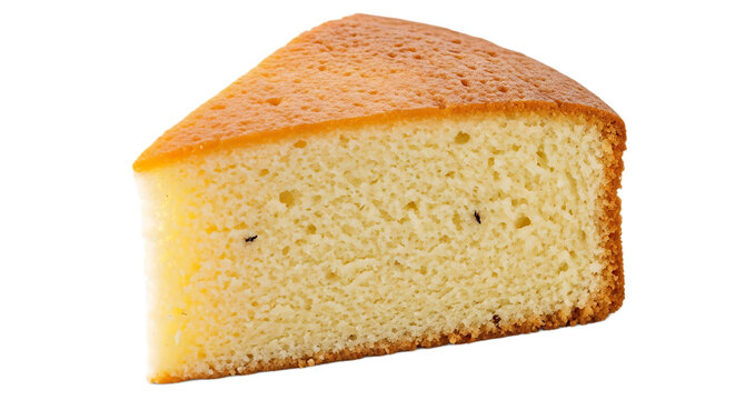 A slice of yellow cake with a golden crust