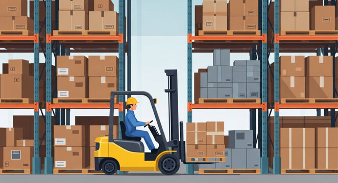 Forklift operator carefully moving boxes in a busy warehouse environment for efficient logistics.