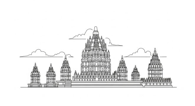 Detailed architectural illustration of the ancient Prambanan temple complex in Indonesia.