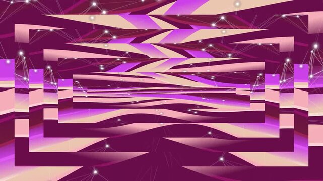 Futuristic stage design with purple lighting and abstract geometric shapes.