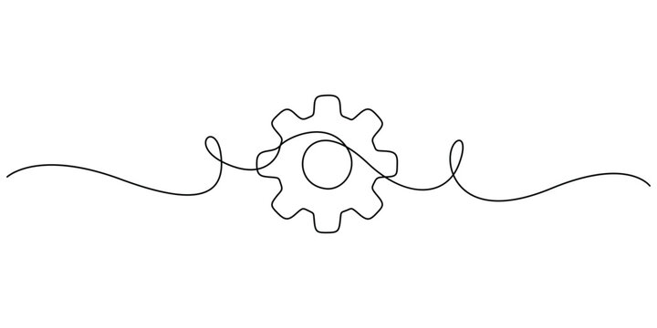 Continuous line drawing of gear, concept of settings and teamwork minimalist vector Minimalist one line art of cogwheel, symbol of engineering and industrial process