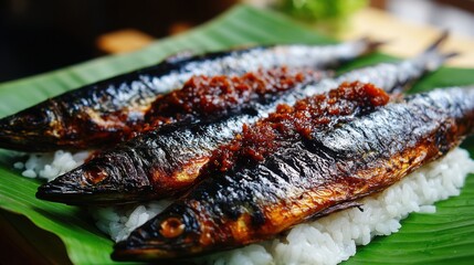 Perfectly grilled ikan bakar fish with chili paste, served atop steamed white rice on a banana leaf
