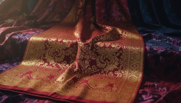 Intricate Woven Songket Textile with Shimmering Gold Threads, Showcasing Traditional Malaysian Craftsmanship and Rich Decorative Patterns.