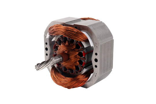 Electric DC motor rotors with copper commutator and coil wire winding isolated on white background. Magnet engine isolated.  Starter anchor motor.