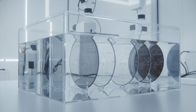Semiconductor wafers held in a transparent container filled with deionized water for precise processing and manufacturing.