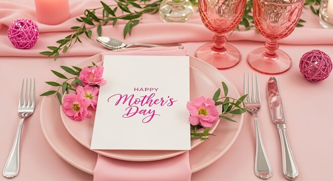 Elegant mother's day table setting with pink flowers and card