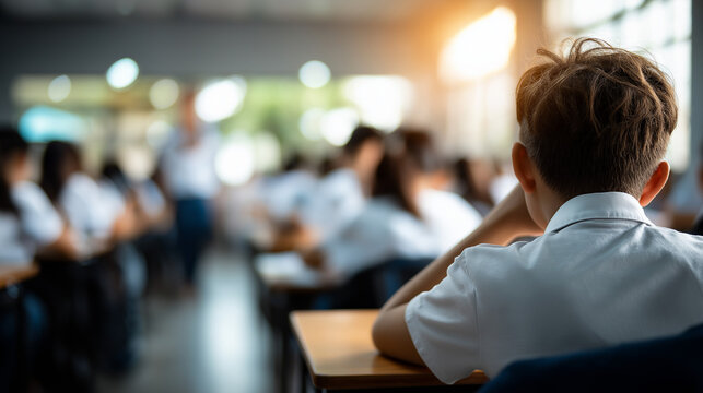 Faceless teenage students sitting for examination with teacher invigilating instructor monitoring exam overseeing test takers academic integrity supervision large examination