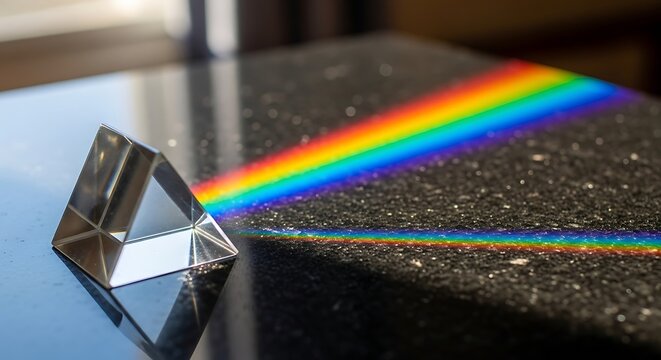 Glass prism creates rainbow on dark granite surface