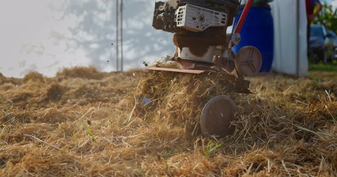 Farmer digging ground with power harrow and prepare the soil surface for seeding vegetable plants or turfing in the greenhouse
