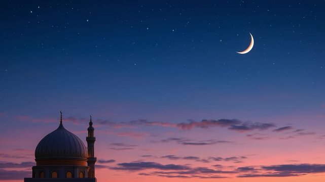 A beautiful scene captures the sky at dusk during Bayram. The crescent moon shines above a mosque's dome while soft colors fill the horizon. It represents a festive time of joy and traditions.