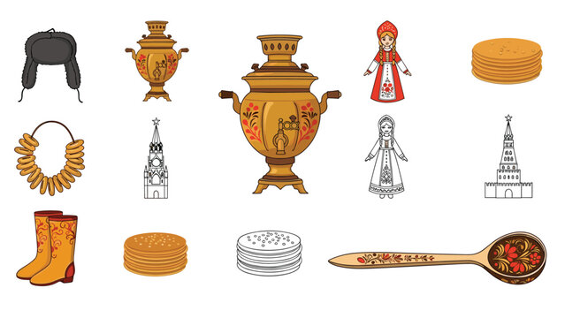 Assortment of traditional russian cultural items including a samovar, dolls, fur hat, boots, pancakes, a spoon, and architectural landmark icons.