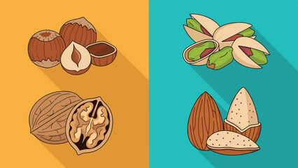 Collection of four different types of edible nuts including hazelnuts pistachios walnuts and almonds presented in a colorful flat style.