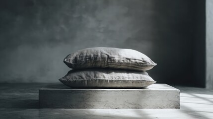 Fototapeta premium Stacked textured linen pillows in muted natural hue for serene home decor