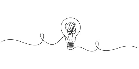 Minimalist illustration of a light bulb single continuous line, symbol for an idea or creativity © MD